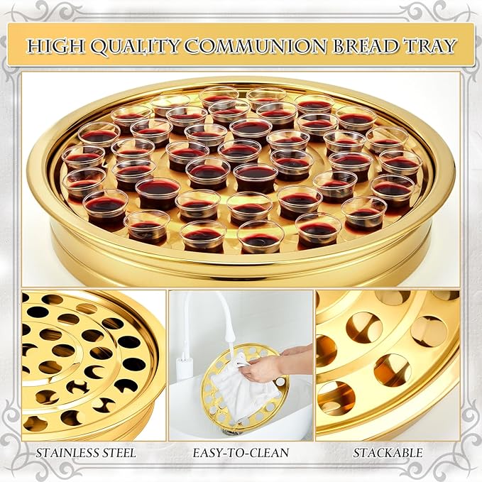 Zhehao 1 Pcs Easter Communion Trays for Churches Set Church Supplies Plates for Church with Disposable Cups (Gold)