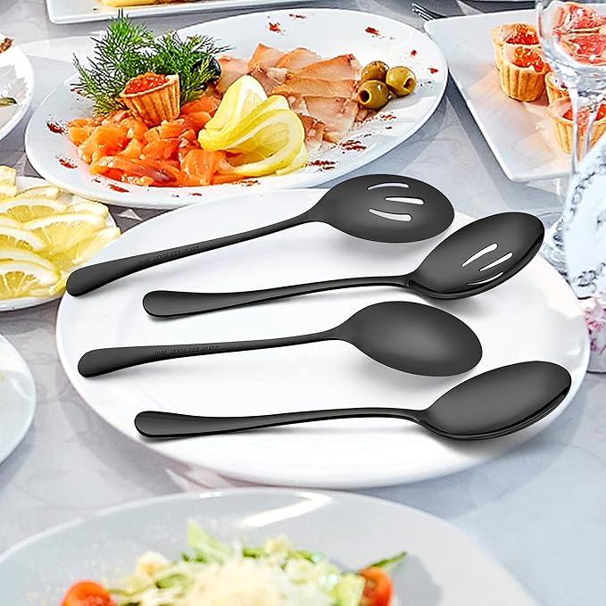 LIANYU 6-Piece Large Black Serving Spoons and Forks Set, 9.8 Inch Stainless Steel Buffet Catering Party Banquet Serving Spoon Fork, Mirror Finished, Dishwasher Safe