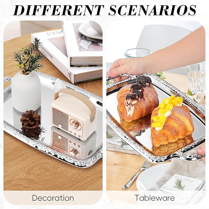 Cabilock Elegant Rectangular Silver Tray Mirrored Tray for Whiskey Decanter Candlesticks Vanity Perfume and Snack Bread Breakfast Fruit Serving Dish
