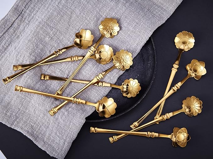 10 Pcs Flower Spoon Coffee Teaspoon Set, Stainless Steel Tableware Creative Dessert Spoons Sugar Coffee Teaspoon Ice-Cream Mixing Stir Bar Ice Tea Spoon (Gold)