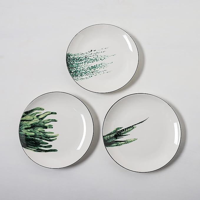 8 Inch Set of 6 Assorted Designs, Porcelain Plates with Plants Pattern, White Ceramic Dinnerware for Steak Luncheon Salad Dessert Serving Bread, Microwave Oven Dishwasher Safe
