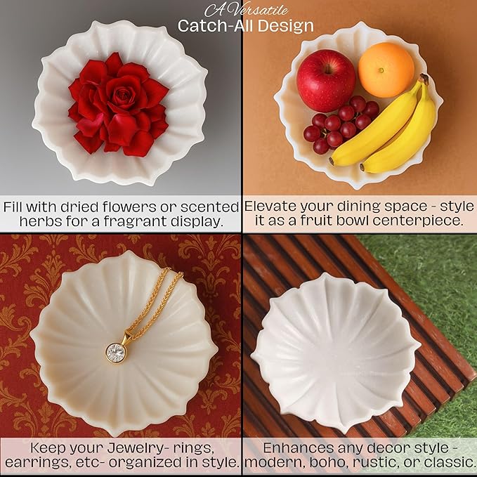 SWADESHI BLESSINGS HandCrafted Marble Lotus Bowl/Organic Modern Home Decor Bowl/Fruit Bowl/Vintage Ring Dish/Decorative Flower Dish/HouseWarming Gifts/Wedding Gifts/Urli (12 Inches)