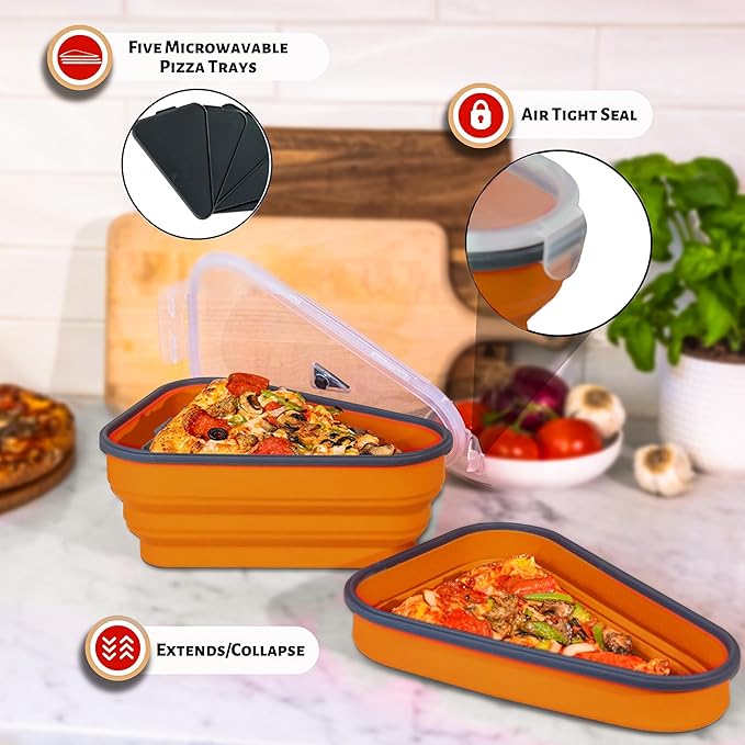 PIZZA PACK The Perfect Reusable Pizza Storage Container with 5 Microwavable Serving Trays - BPA-Free Adjustable Pizza Slice Container to Organize & Save Space, Orange 3 pk