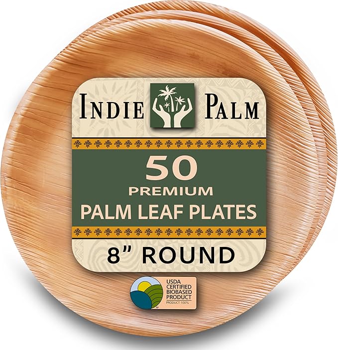 Indie Palm Disposable Palm Leaf Plates – 50 Pack 8 Inch Round – Heavy Duty, 100% Compostable & Biodegradable – Eco-Friendly Alternative to Plastic & Bamboo – Perfect for Parties & Events
