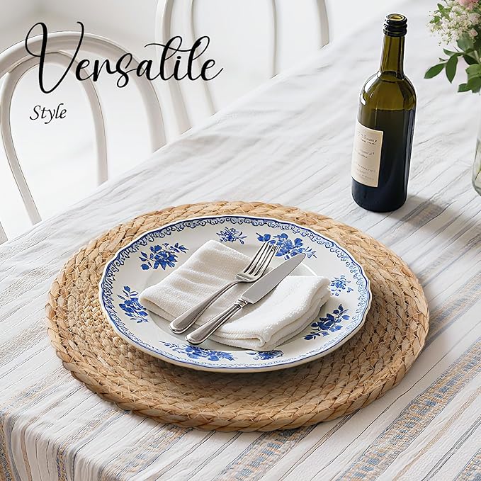 13 Inch Woven Placemats Set of 12, Boho Round Place Mats for Dining Table Decor, Rustic Jute Chargers for Dinner Plates, Outdoor Patio, Farmhouse Wedding, Water Hyacinth Wicker Rattan Braided Placemat