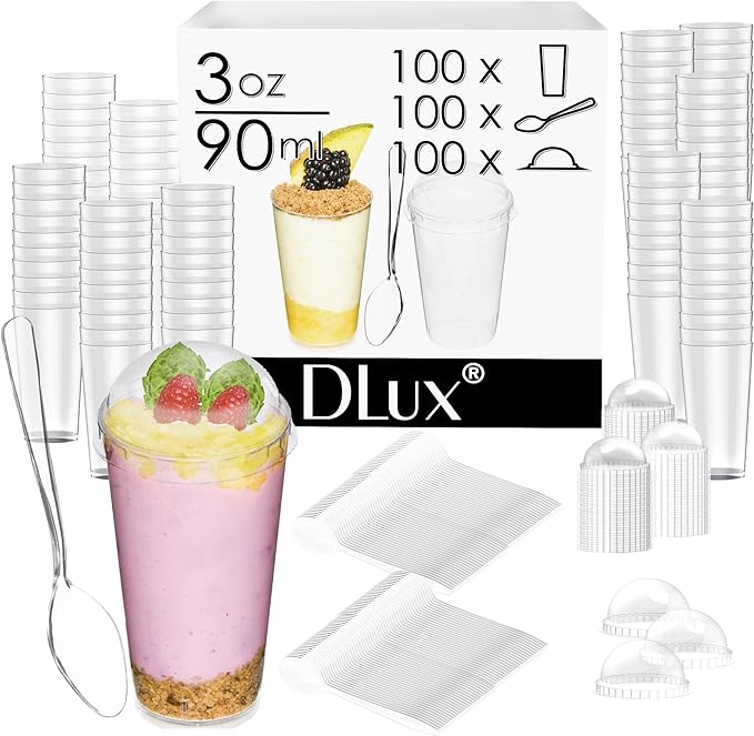 DLux 100 x 3oz Mini Dessert Cups with Lids & Spoons, Shooter - Clear Plastic Parfait Appetizer Cup - Small Reusable Cups for Tasting Party Desserts Appetizers - With Recipe Ebook