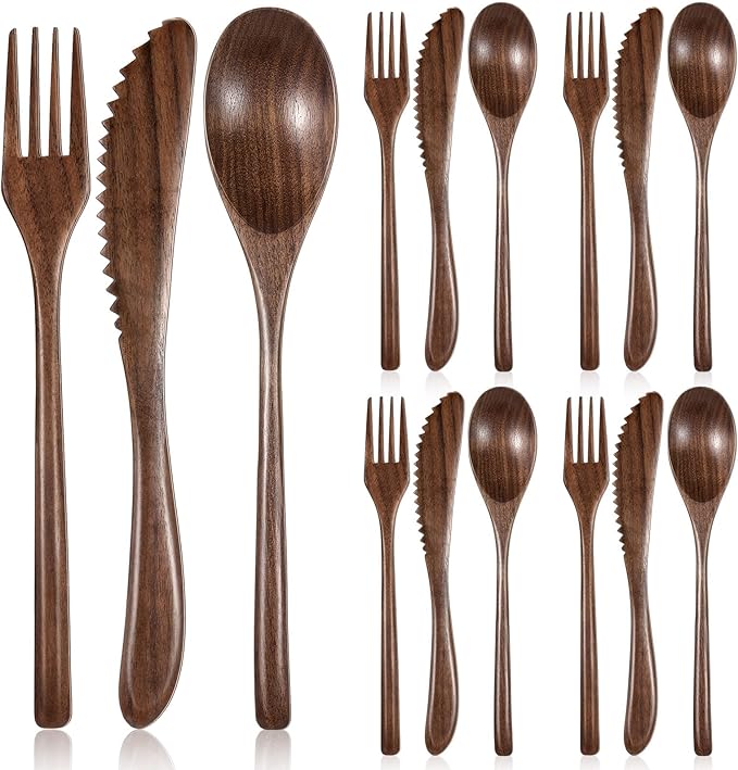 Geiserailie 12 Pcs Wooden Utensils for Eating Set Wooden Spoon Fork Knife Cutlery Set Kitchen Wood Utensils Dinner Flatware Tableware (Walnut Wood)