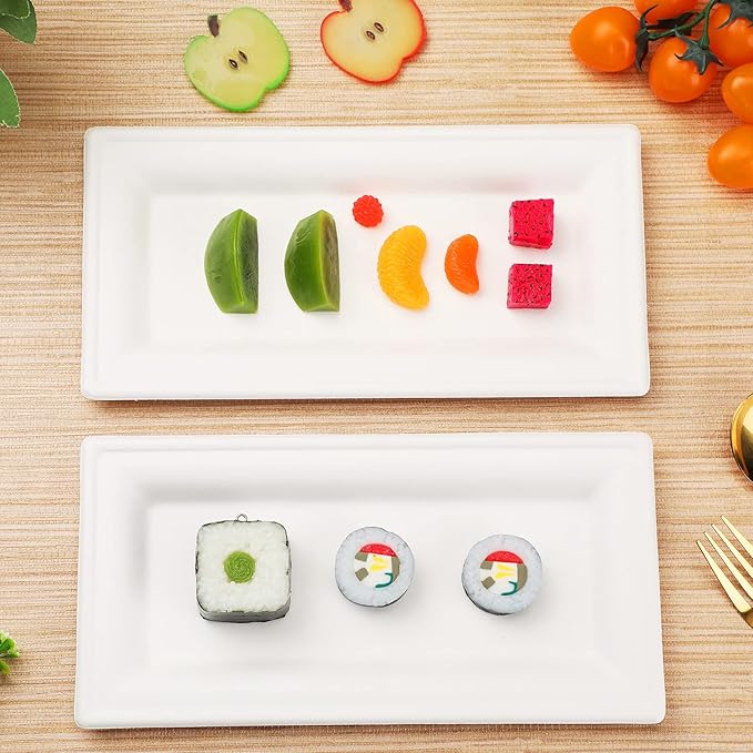 Hotop Disposable Rectangle Plates White Serving Platter Heavy Duty Sugarcane Bagasse Plate for Outdoor Indoor Parties Serve Meals Snacks Deserts Fruits (300 Pieces)