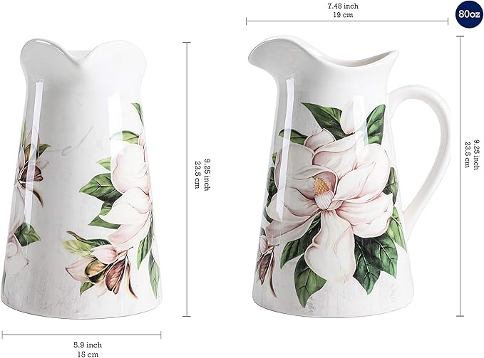 Bico Magnolia Floral Ceramic 2.5 Quarts Pitcher with Handle, Decorative Vase for Flower Arrangements, Dishwasher Safe