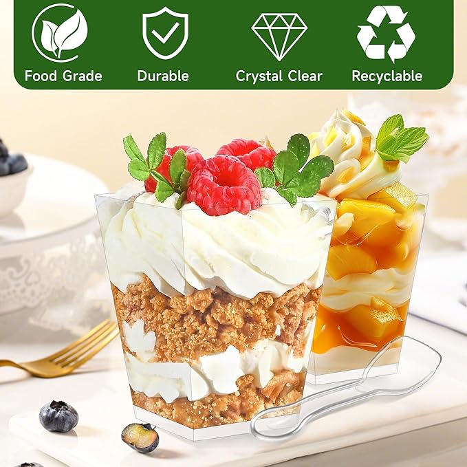 OTOB 150 Pack 5.4 oz Dessert Cups with Lids and Spoons | Serves 50 | Small Square Plastic Cake Pudding Cups, Mini Party Serving Cups for Parfait, Yogurt, Appetizers, Mousse, Dessert Shot Glasses Bowl