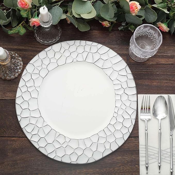 Efavormart 6 Pack | 13" Matte White Plastic Hammered Rim Dinner Charger Plates, Decorative Disposable Irregular Round Serving Plates