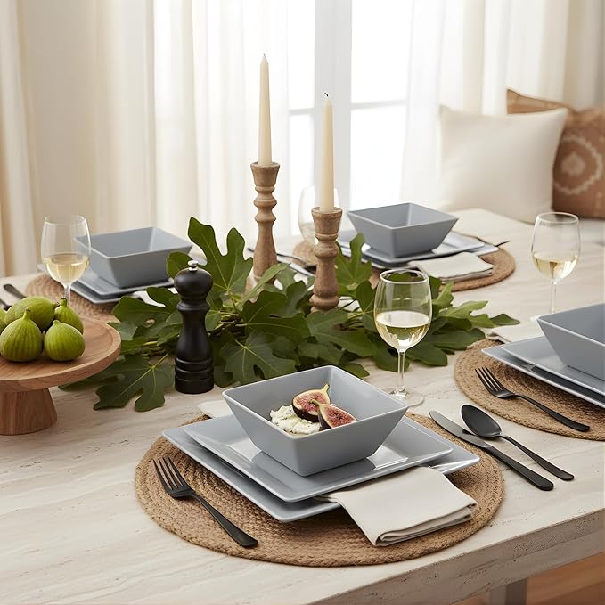 TP 12-Piece Dinnerware Set, Melamine Dishes Set with Bowls and Plates, Non-breakable and Lightweight Square Dinner Set for 4, Grey