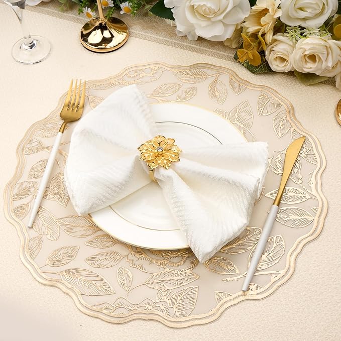 Round Placemats Gold Rose Table Mats Set of 6 Vinyl Heat Resistant Mat Washable Non-Slip 15'' for Kitchen and Dining Holiday Wedding Accent Centerpiece