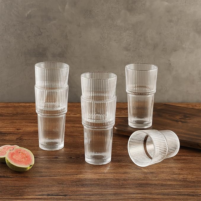 JUNDRUM Ribbed Drinking Glasses with Lids & Straws, Leak-Proof 20oz and 15oz Glass Cups, 8PCS Glass Tumblers, Ideal for Home, Office, Outdoor Use