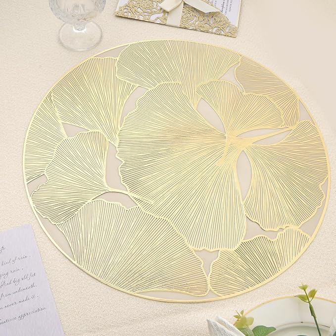 Gold Round Placemats Set of 6 Metallic Pressed Vinyl Place Mats for Dining Table Centerpiece Decor Ginkgo Leaf Table Mats Non Slip Heat Resistant 15 Inch