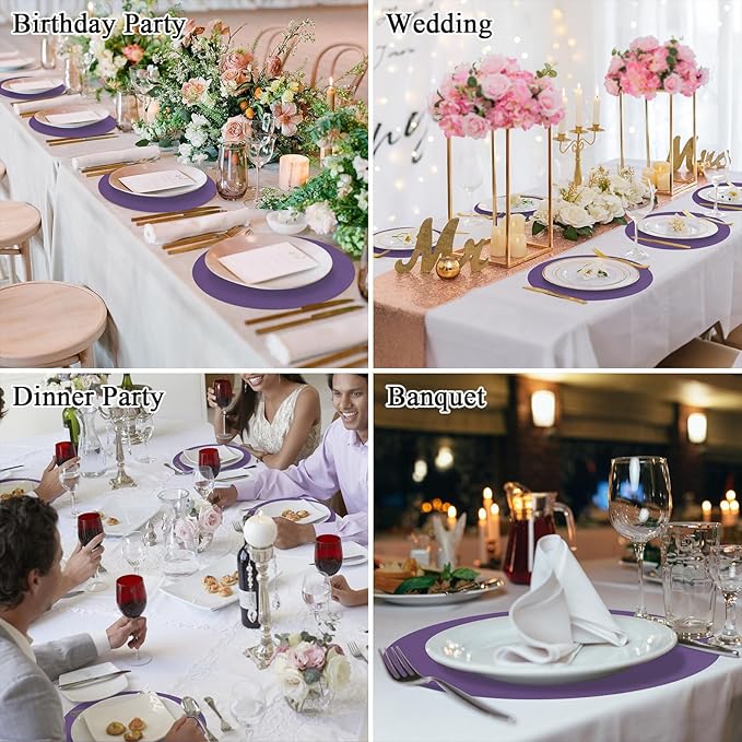 SHACOS 100 PCS Round Paper Placemats 13 inch Disposable Paper Place Mats for Dinner Wedding Birthday Party Festival Table Decoration Indoor Outdoor, Purple (Pack of 2)
