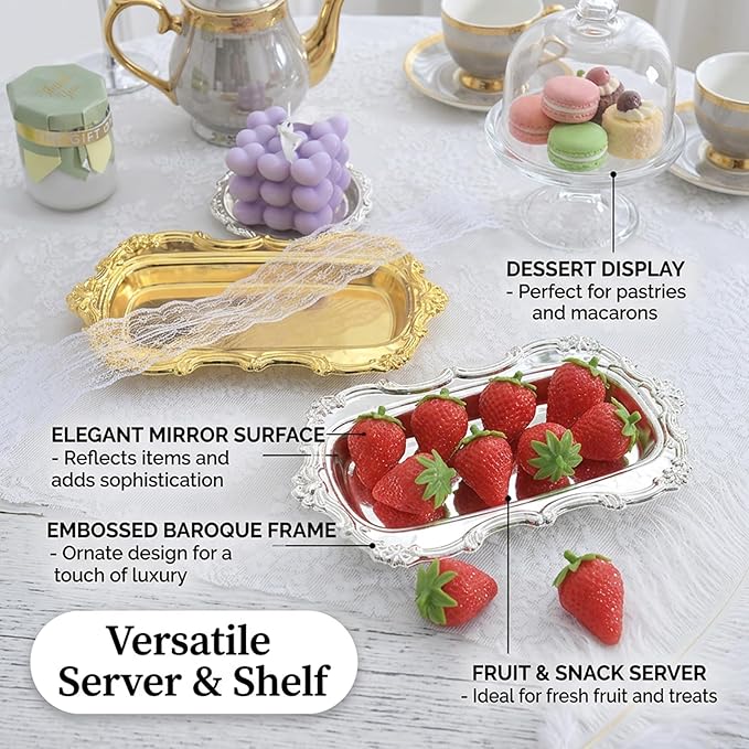 Metal Serving Tray, Silver Vintage Oval Vanity Tray for Jewelry, Perfume, Desserts & Snacks Display, Serving