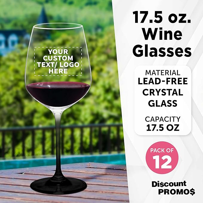 Custom Crystal Wine Glasses 17.5 oz Set of 12, Personalized Bulk Pack - Restaurant Glassware, Perfect for Red Wine or White Wine - Black