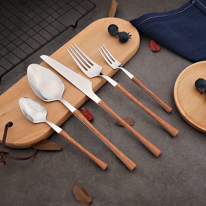 20-piece Stainless Steel Flatware Set with Wooden Handle, Wood Silverware Set for 4, Mirror, Dishwasher Safe, for Home Kitchen Travel - Small Waist Handle Silver
