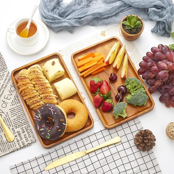 1 pcs 13"x 9" Solid Acacia Wood Serving Tray Rectangular Wooden Serving Platter Natural Wooden Board for Bar Coffee Party