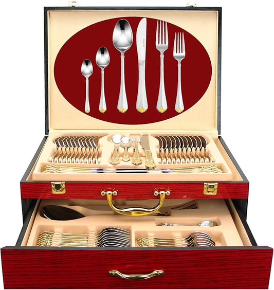 75-Pc Luxury Flatware Set for 12 w/Storage Case 24K Gold Premium Dining Cutlery Service - 18/10 Surgical Stainless Steel Silverware Hostess Serving Set in a Chest