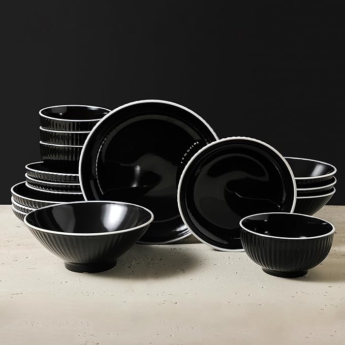Christian Siriano Lustra Modern 32-Piece Stoneware Dinnerware Set, Plates and Bowls Set, Dinner and Salad Plates, Ramen Bowls, Dishes for 8, Black