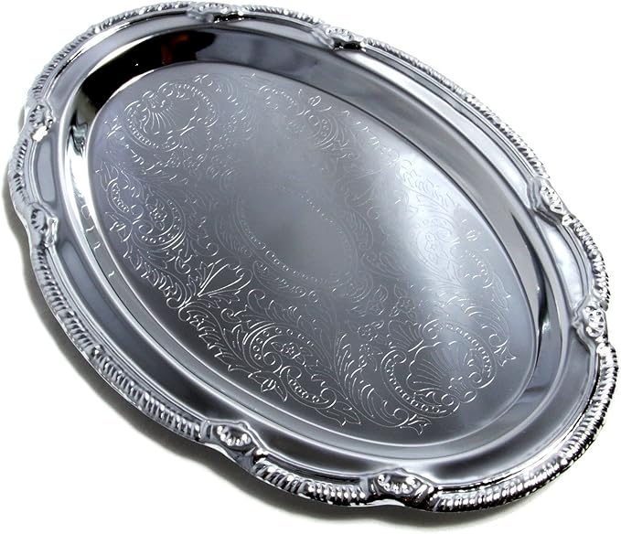(Pack of 4) 9.4-Inch x 6.4-Inch Oval Shape Chrome Plated Serving Tray Plate Food Art Deco Floral Pattern Engraved Multi-Purpose Party Buffet Wedding Birthday (Small) T125S-4PK