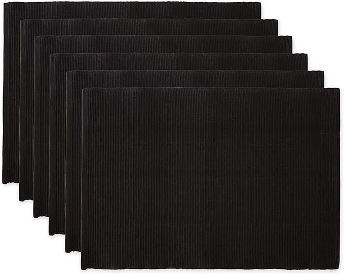 DII Basic Everyday Ribbed Tabletop 100% Cotton, Placemat Set, 13x19, Black, 6 Piece