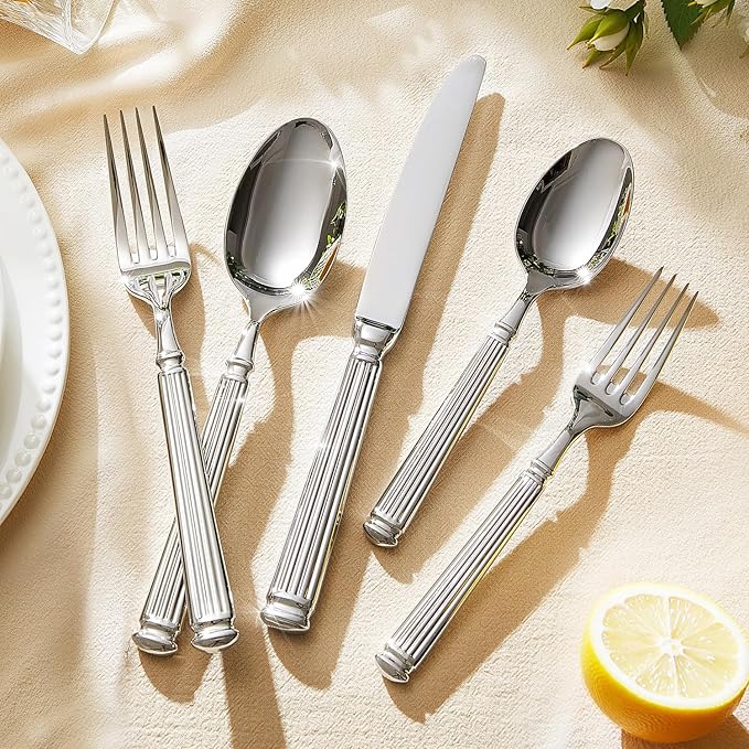 KINGSTONE Silverware Set, 60-Piece 18/10 Stainless Steel Flatware Set - Roman Column Embossed Thick Handle, for Wedding, Home, Restaurant, Kitchen and Party, Mirror Polish & Dishwasher Safe