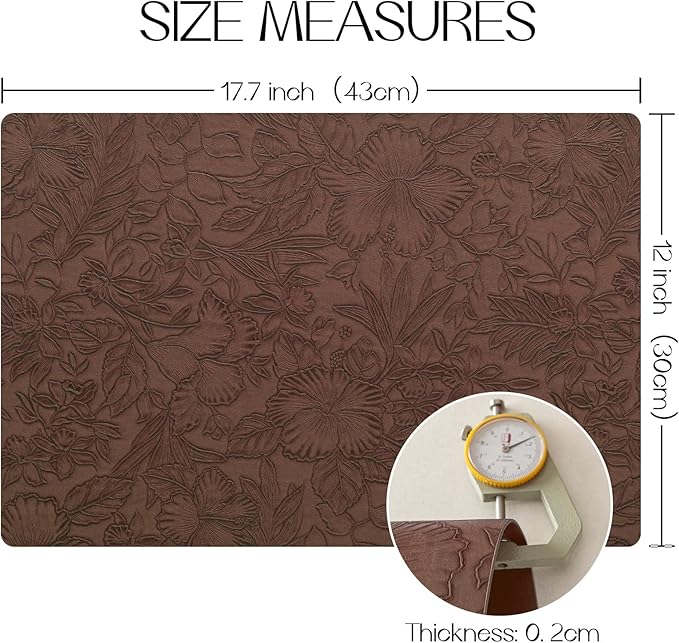 Romanstile Vinyl Placemats Set of 4-12 X 17 Inch - Heat Resistant Non-Slip Embossed Floral Place Mats 100% Waterproof Oilproof Wipeable Faux Leather Table Mats for Kitchen/Dining/Party, Brown