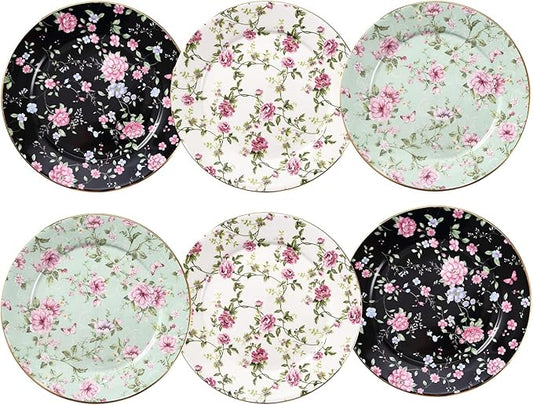 Floral Salad Plates, Set of 6 – 8 Inch Ceramic Appetizer Plates with Gold Trim, Vintage Floral Design for Dessert, Tea Party, Dinner, Decorative Serving