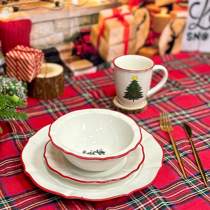 DOMINI 16-Piece Christmas Ceramic Kitchen Dinnerware Set, Service for 4, Porcelain Dishes Dinner Set with Dinner Plates, Dessert Plates,cups and Pasta Bowls,Round-White Christmas