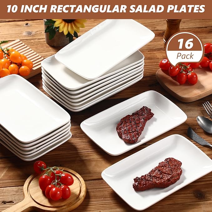 Irenare 16 Pcs 10 Inch Rectangular Salad Plates White Rectangular Porcelain Dessert Plates Appetizer Serving Tray Rectangular Porcelain Platters for Fruit Sushi Dinner Parties, Microwave, Oven Safe