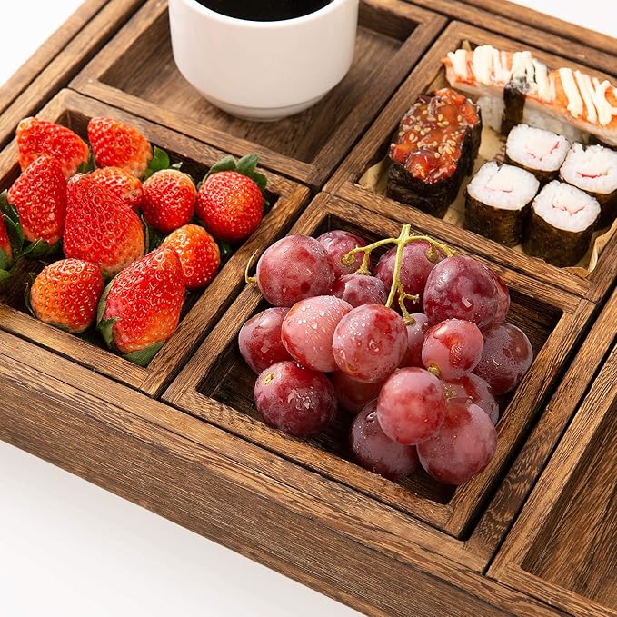Yangbaga Rustic Wooden Serving Trays with Handle - Set of 7 Rectangular Platters for Entertaining, Breakfast, Coffee Table, Home Decor