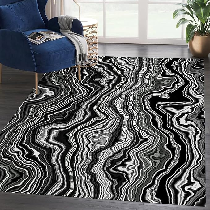 Modern Luxury Marble Swirl Area Rug 8x10 Black Brown Abstract Texture Rugs for Living Room Bedroom Non-Slip Kitchen Carpet Washable Non-Shedding Home Decor Low Pile Mat