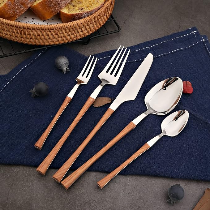 20-piece Stainless Steel Flatware Set with Wooden Handle, Wood Silverware Set for 4, Mirror, Dishwasher Safe, for Home Kitchen Travel - Small Waist Handle Silver