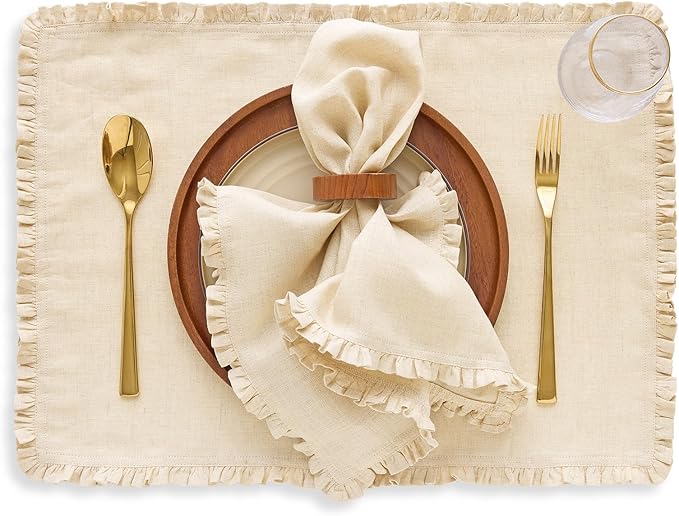 Solino Home Natural Linen Dinner Napkins 20 x 20 Inch - 100% Pure Linen Juliette Ruffle Cloth Napkins Set of 4 - Handcrafted and Machine Washable