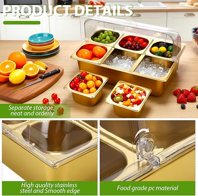 Countertop Food Serving Display Container Clear Roll Top Cover 6 Pan Stainless Steel Ice Food Buffet Server Salad Bar Pizza Topping Station Condiment Dispenser Restaurant Kitchen Party(Gold)
