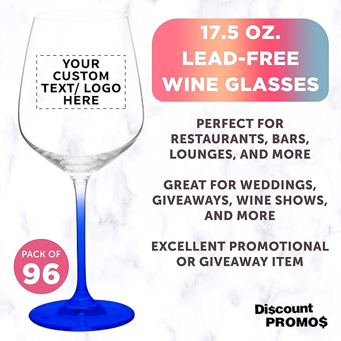 Custom Free Crystal Wine Glasses 17.5 oz Set of 96, Personalized Bulk Pack - Restaurant Glassware, Perfect for Red Wine or White Wine - Blue