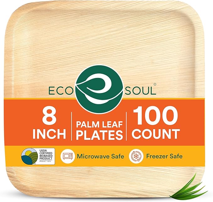 ECO SOUL Palm Leaf Plates 8"(100 Count) Square Compostable Bamboo Plates Heavy- Duty, Biodegradable Eco-Friendly Dinnerware for Christmas Party Dinner, Wedding, Holiday & Event