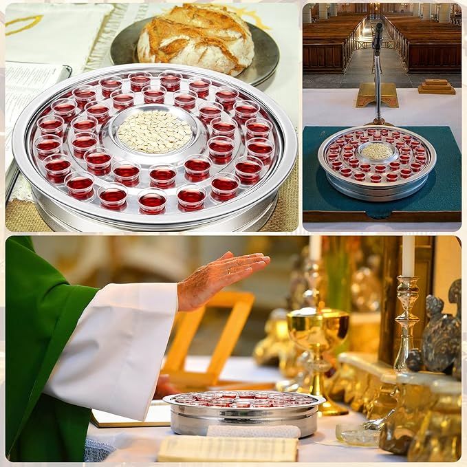 LemonRoad 1 Pcs Holy Communion Trays House up 32 Cups Tary Church Supplies Stainless Steel Portable Communion Plates Set for Churches Chapels Ware Sets (Sliver)