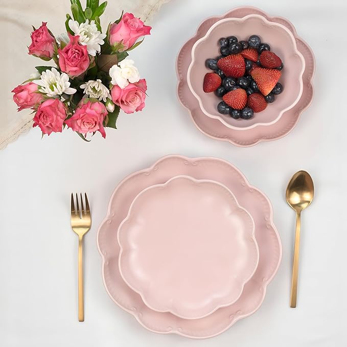 Sango 12 Pieces Scalloped Dinnerware Set, Modern Pink Dishes for 4, Premium Serving Plates & Bowls Sets, Chip & Scratch Resistant, Ceramic Dishware, Kitchen Dish, Microwave & Dishwasher Safe, Bethany