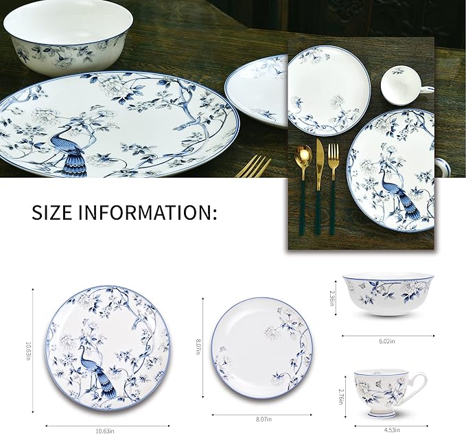 16 PCS Top-Grade Bone China Dinnerware Set for 4,Jingdezhen Blue and White Porcelain Kitchen Bowls Dinner Table Plates Coffee Cups