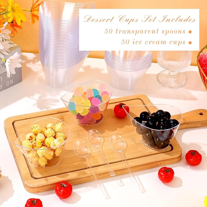 tchrules 50 Packs 7oz Dessert Cups with 50 Spoons, Clear Plastic Appetizer Cups for Parties, Yogurt Parfait Bowls for Fruit Chocolate Pudding and Ice Cream