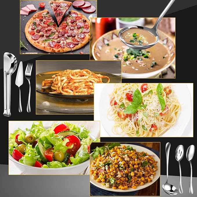 Thenshop 30 Pcs Stainless Steel Serving Utensils Set Flatware Set Include Large Serving Spoons Slotted Spoons Forks Soup Ladle Pie Server and Tongs for Buffet Party(Silver)