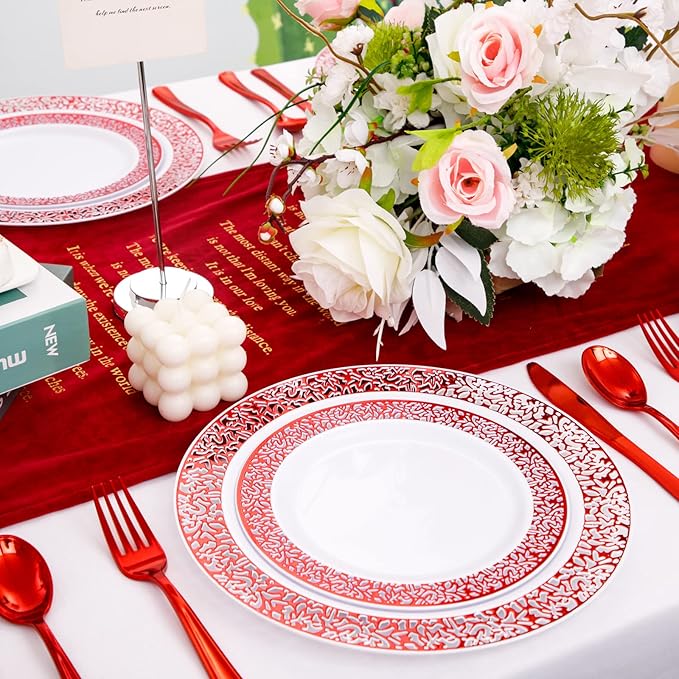 U-QE 150PCS Red Plastic Plates with Plastic Silverware, Red Disposable Plates Include 30 Dinner Plates 10.25", 30 Salad Plates 7.5",30 Forks,30 Knives,30 Spoons Perfect for Party