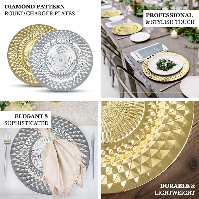 Efavormart 6 Pack | 13" Sparkling Gold Diamond Disposable Dinner Serving Plates, Shiny Round Plastic Charger Plates