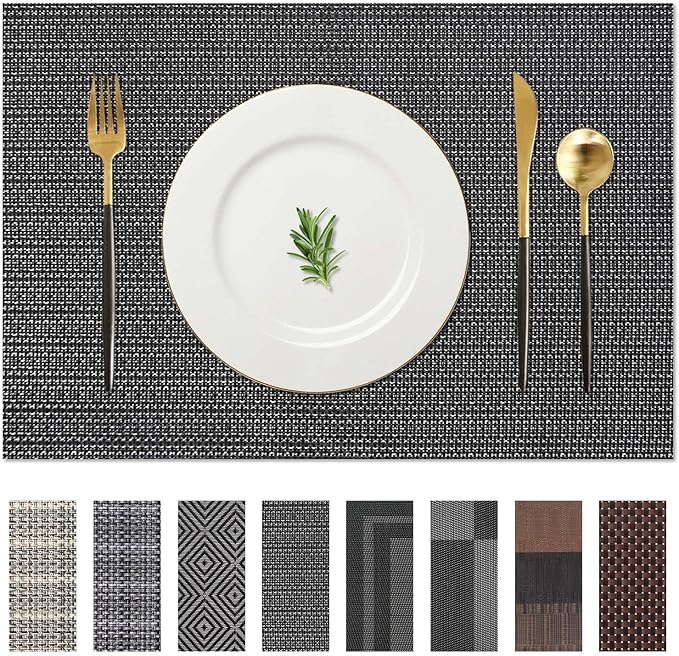 AHHFSMEI Placemats for Dining Table Set of 6 Woven Vinyl Plastic Place Mats Non-Slip Heat Insulation Stain Resistant Table Mats Washable Easy Clean Placemats (Black Silver)