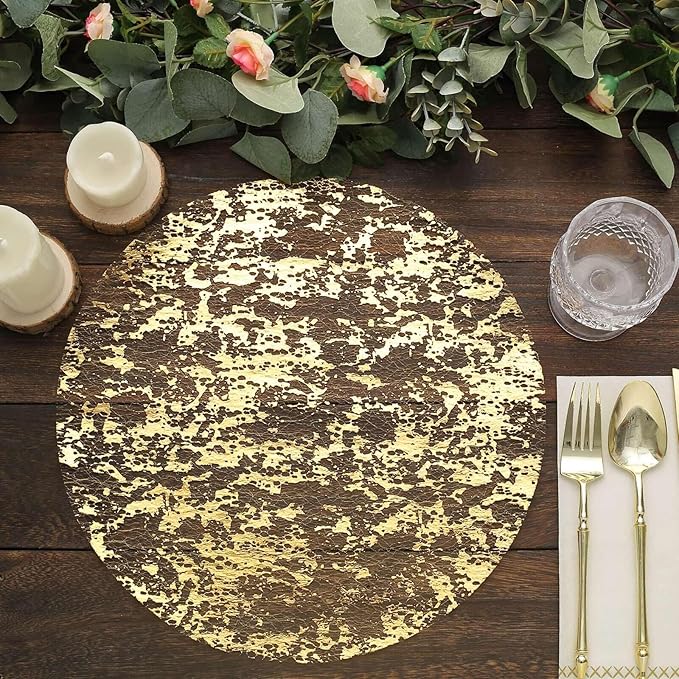 20 Pack 13" Metallic Gold Foil Placemats, Round Shiny and Durable, Disposable Mesh Table Mats for Dining and Parties