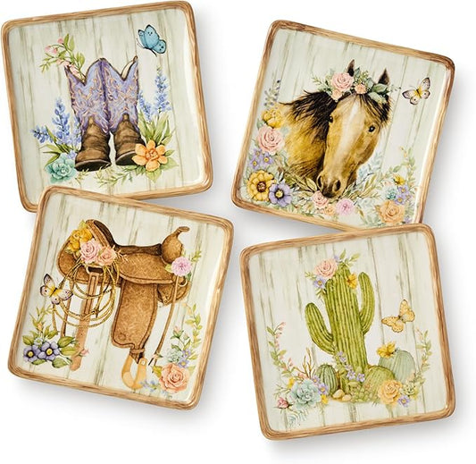 Rosewood 6-Inch Canape Plates, Set of 4, Western-Inspired Designs with Floral Cowboy Boots, Saddle, Cactus & Horse, Rustic Wood-Grain Background, Durable Ceramic for Appetizers & Desserts